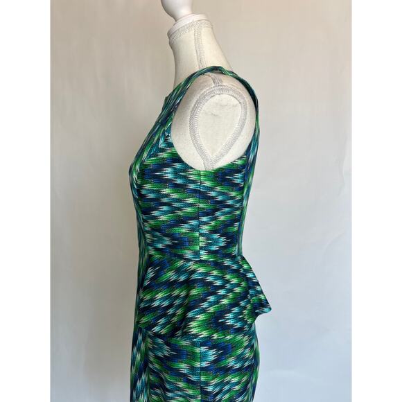 an original Milly of New York | Thea Dress | Green/Blue Peplum Waist Sheath | 4 - Picture 5 of 13
